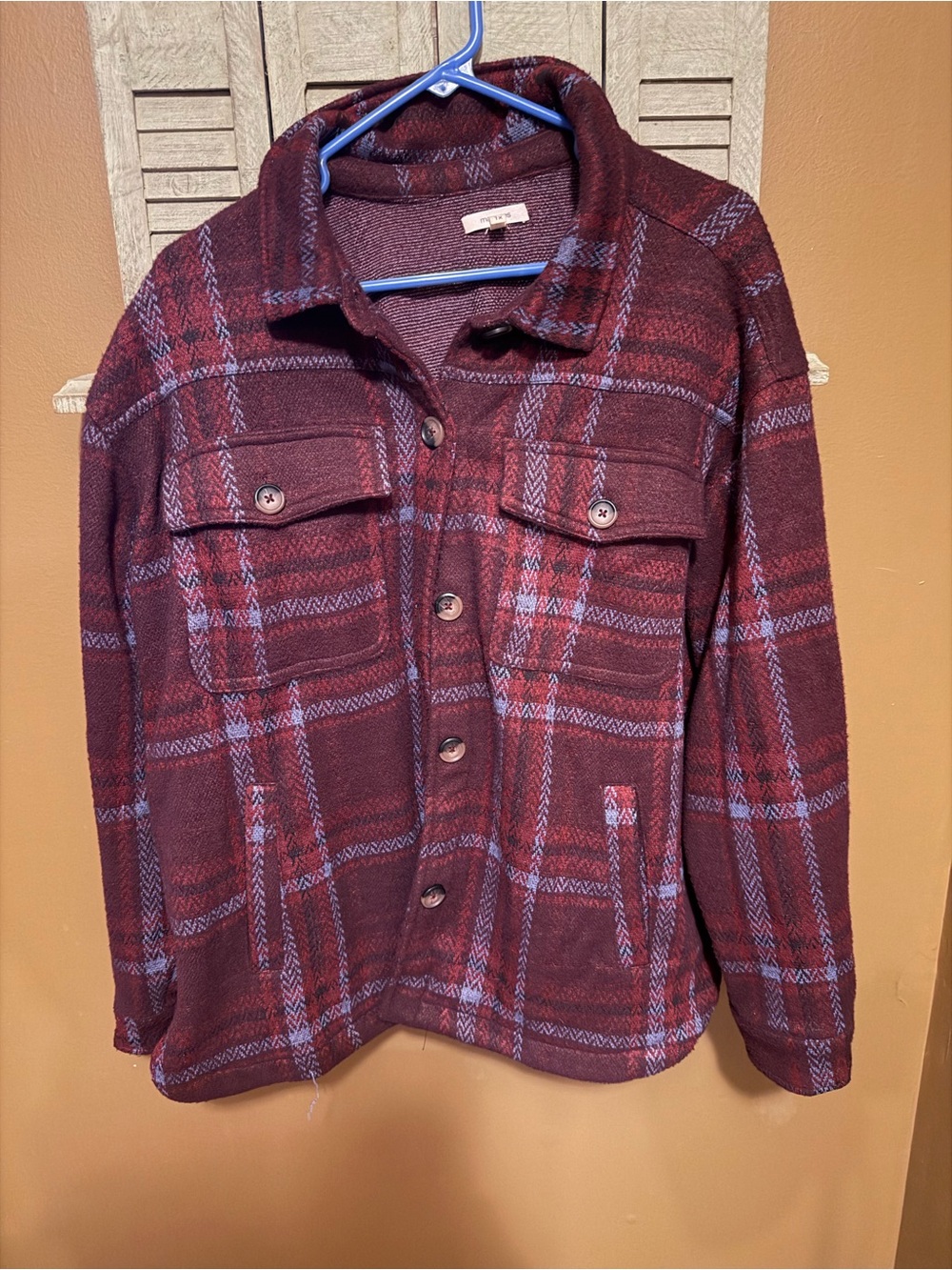 Maurices Burgundy Plaid Utility Shacket with Blue Accents